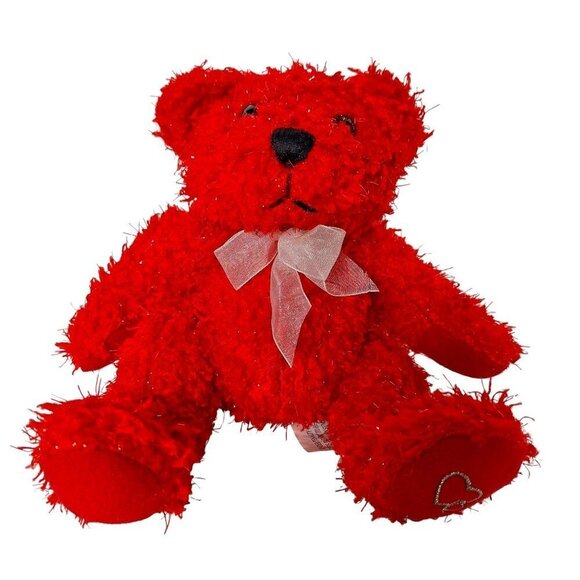 Red Valentines Day Bear Plush Heart Sparkly Bow 6.5 Inch - Picture 1 of 6